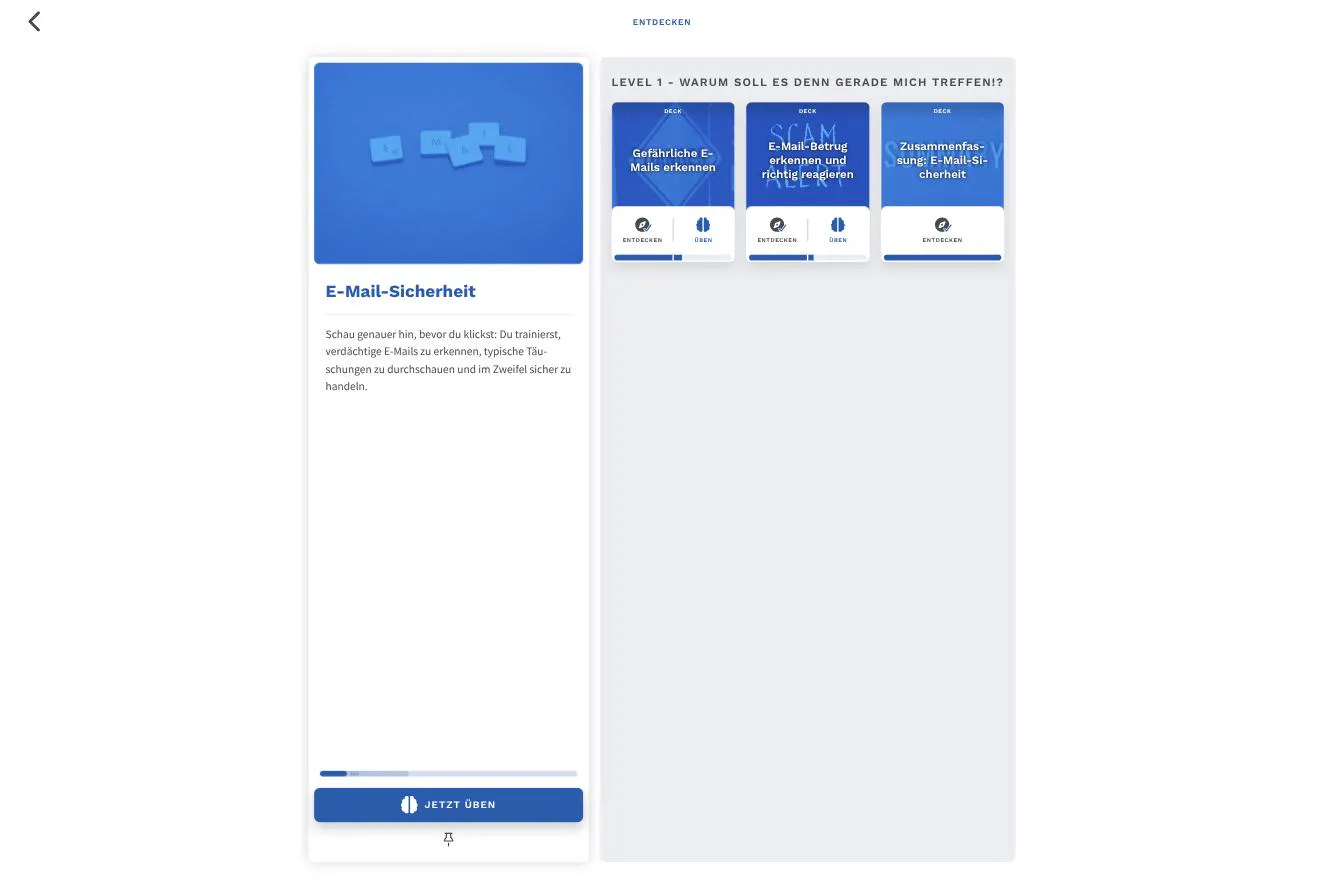 Lernplattform: Themenseite E-Mail-Sicherheit mit Lernfortschritt, Level 1 und drei Decks