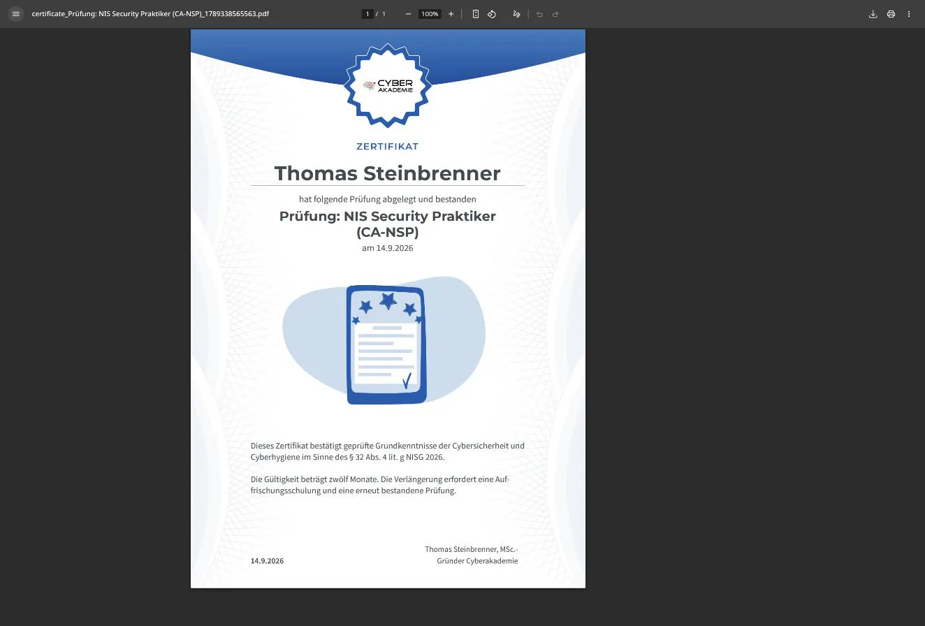 Zertifikat NIS Security Praktiker der Cyberakademie als PDF-Vorschau
